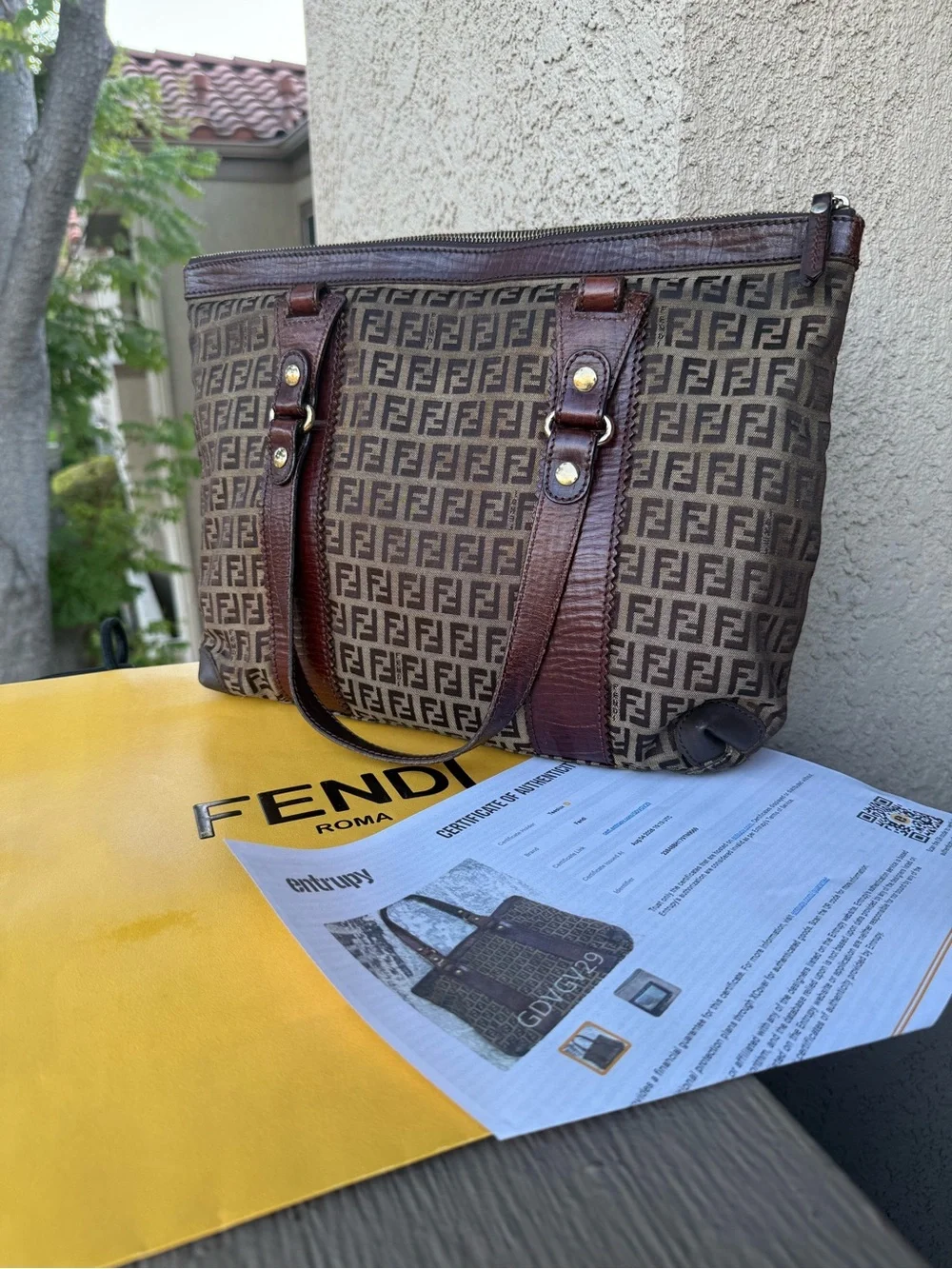 Fendi Brown Zucca Logo Canvas Shoulder Tote with Dark Brown Leather Trim